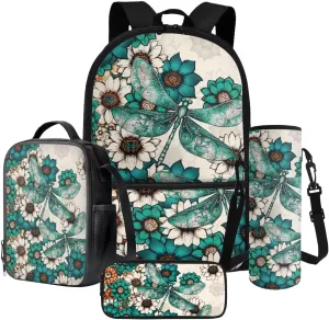 Poceacles Unisex School Backpack Set 4-Piece Kids Schoolbag Set, Includes Insulated Lunch Box Bag Water Bottle Sleeve Pencil Case Rucksack Fits 14" Laptop for Boys Girls, Boho Dragonfly Green