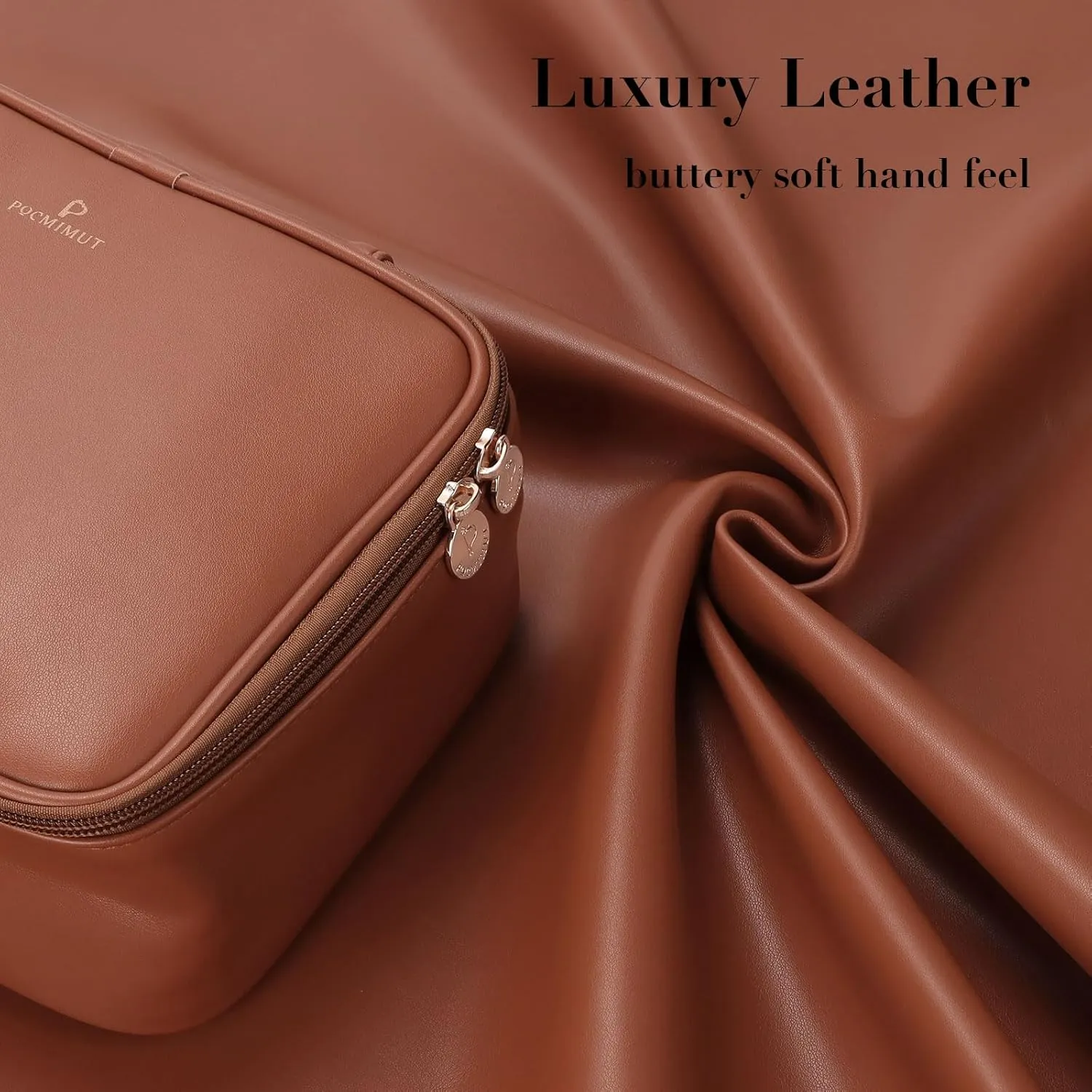 Pocmimut Makeup Bag,PU Leather Make Up Bag Cosmetic Bag,Large Makeup Bag with Brush Holder for Women(Brown)