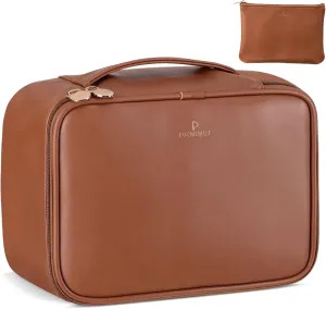 Pocmimut Makeup Bag,PU Leather Make Up Bag Cosmetic Bag,Large Makeup Bag with Brush Holder for Women(Brown)