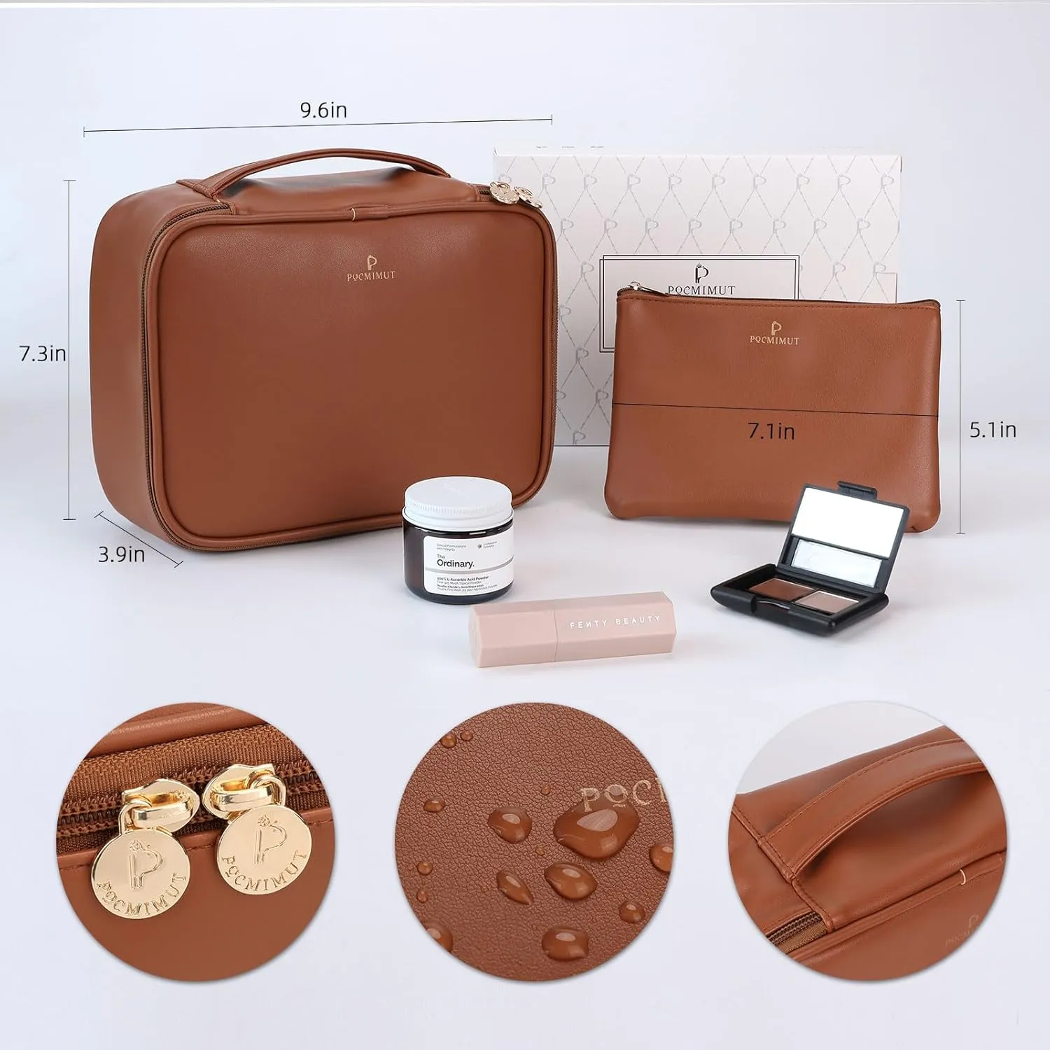 Pocmimut Makeup Bag,PU Leather Make Up Bag Cosmetic Bag,Large Makeup Bag with Brush Holder for Women(Brown)
