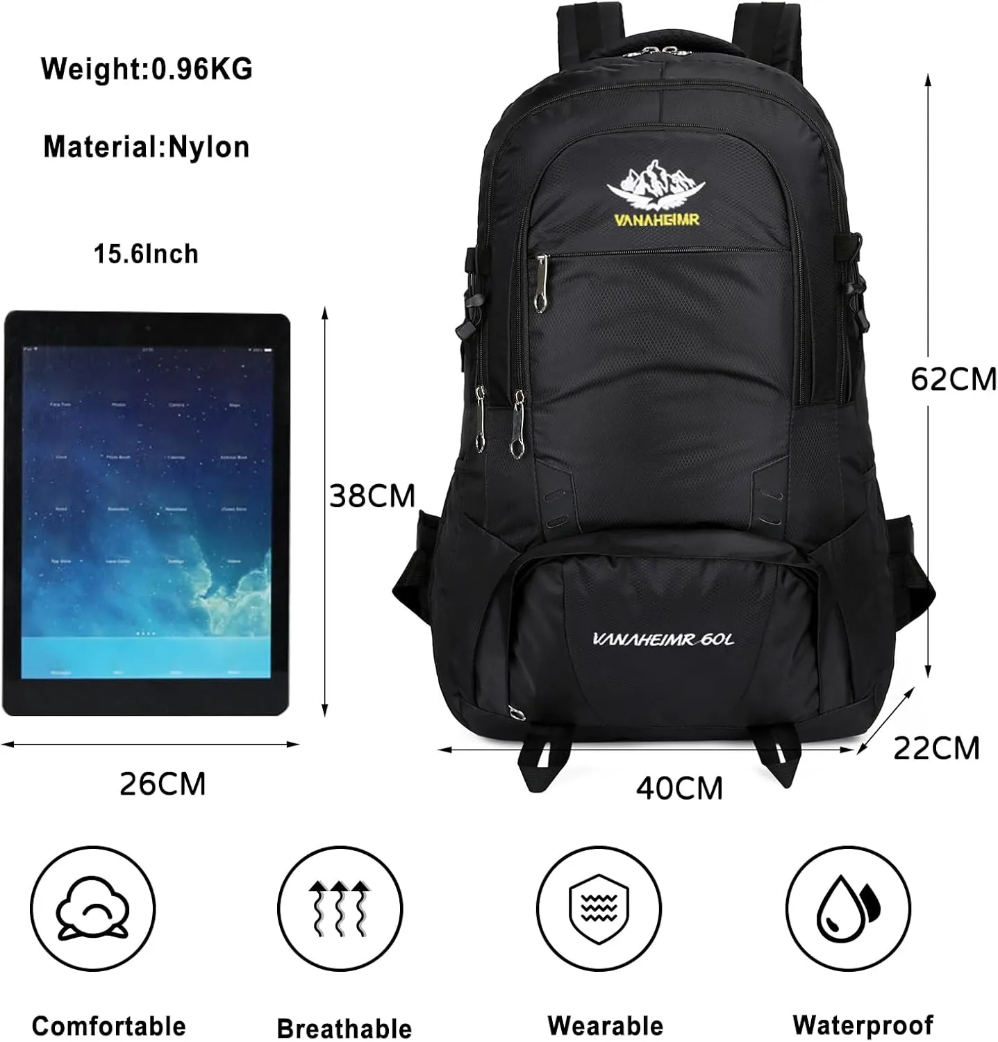 PORRASSO Hiking Backpack 60L Trekking Rucksack Waterproof Daypack Durable Backpack for Women Men Camping Climbing Travel Outdoor Sports Black