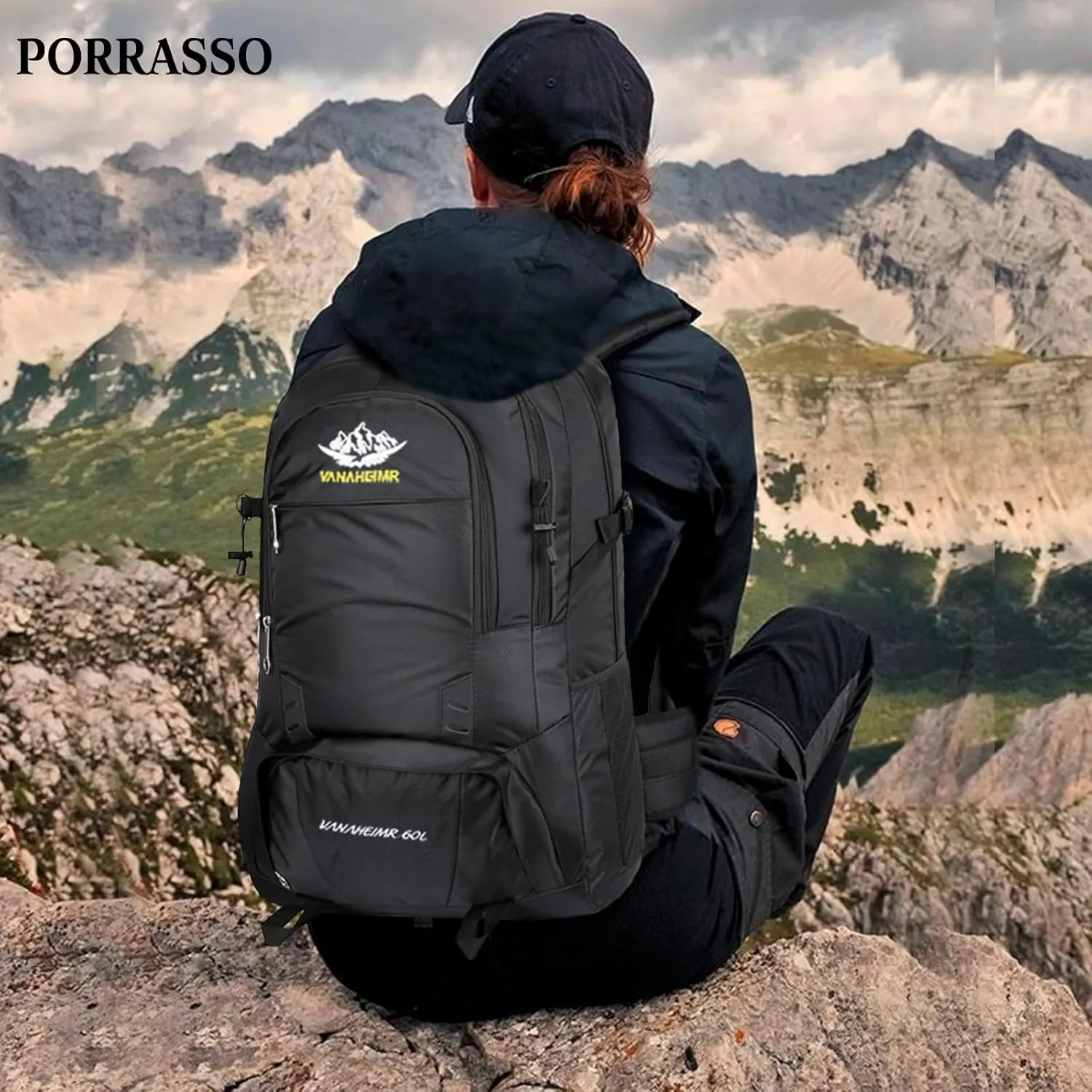 PORRASSO Hiking Backpack 60L Trekking Rucksack Waterproof Daypack Durable Backpack for Women Men Camping Climbing Travel Outdoor Sports Black