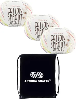Premier Yarns Cotton Sprout Speckles Wildflower 2086-09 (3-Skeins - Same Dye Lot) DK Light Worsted #3 Cotton Yarn for Crocheting and Knitting with Project Bag