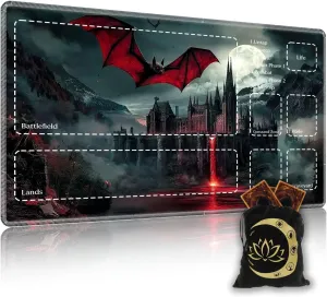 Premium TCG Playmat with 6 Gaming Zones | 24x14 Non-Slip Rubber Surface MTG Mat | Black Play Card Storage Pouch for CCG Playmat | Scary Castle and Bat
