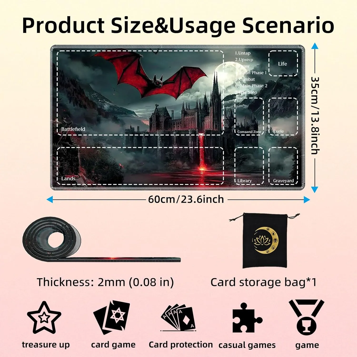 Premium TCG Playmat with 6 Gaming Zones | 24x14 Non-Slip Rubber Surface MTG Mat | Black Play Card Storage Pouch for CCG Playmat | Scary Castle and Bat
