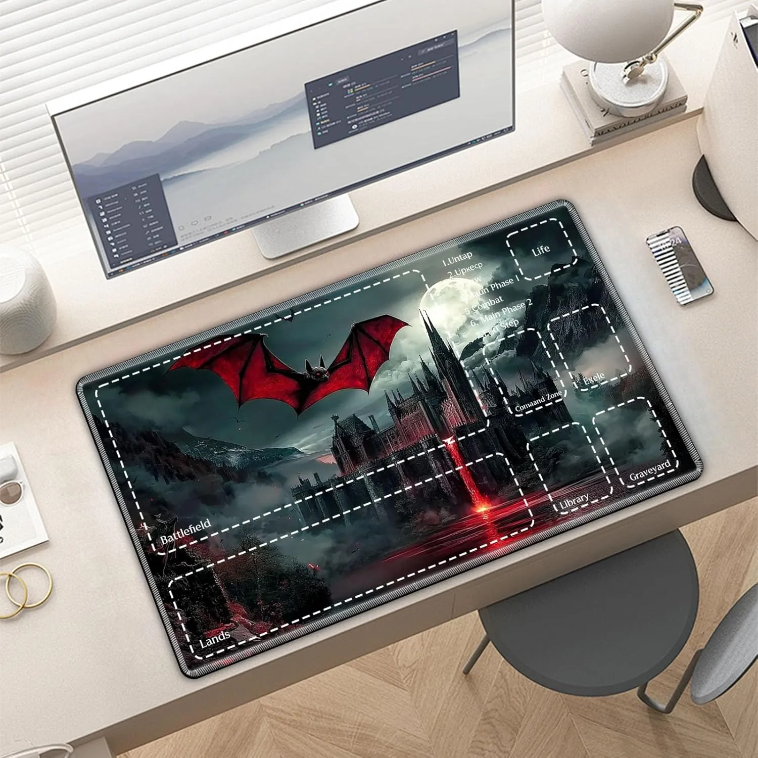 Premium TCG Playmat with 6 Gaming Zones | 24x14 Non-Slip Rubber Surface MTG Mat | Black Play Card Storage Pouch for CCG Playmat | Scary Castle and Bat