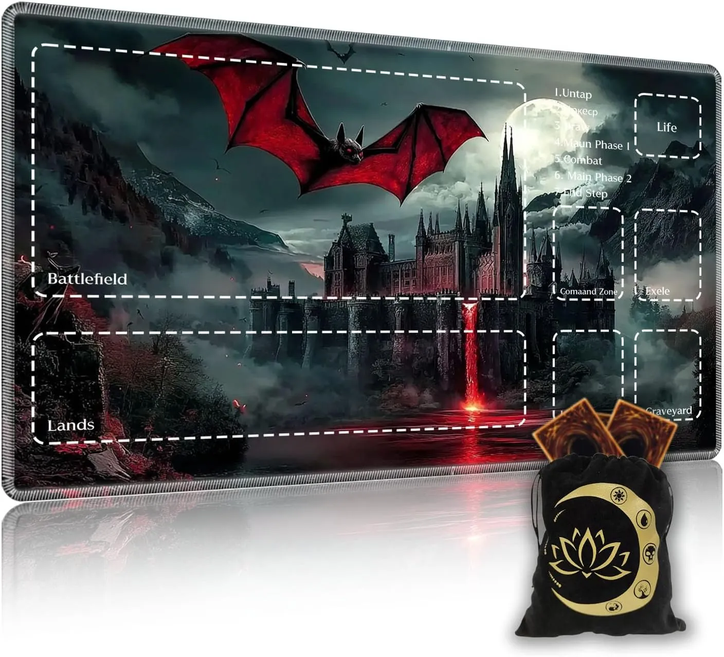 Premium TCG Playmat with 6 Gaming Zones | 24x14 Non-Slip Rubber Surface MTG Mat | Black Play Card Storage Pouch for CCG Playmat | Scary Castle and Bat