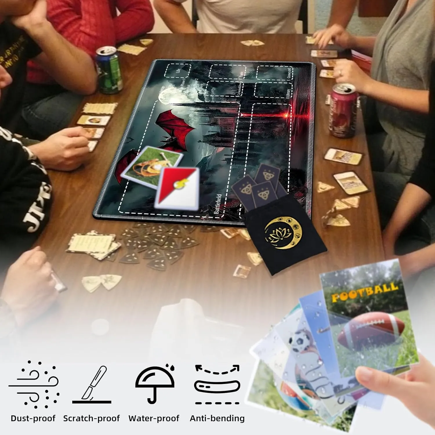 Premium TCG Playmat with 6 Gaming Zones | 24x14 Non-Slip Rubber Surface MTG Mat | Black Play Card Storage Pouch for CCG Playmat | Scary Castle and Bat