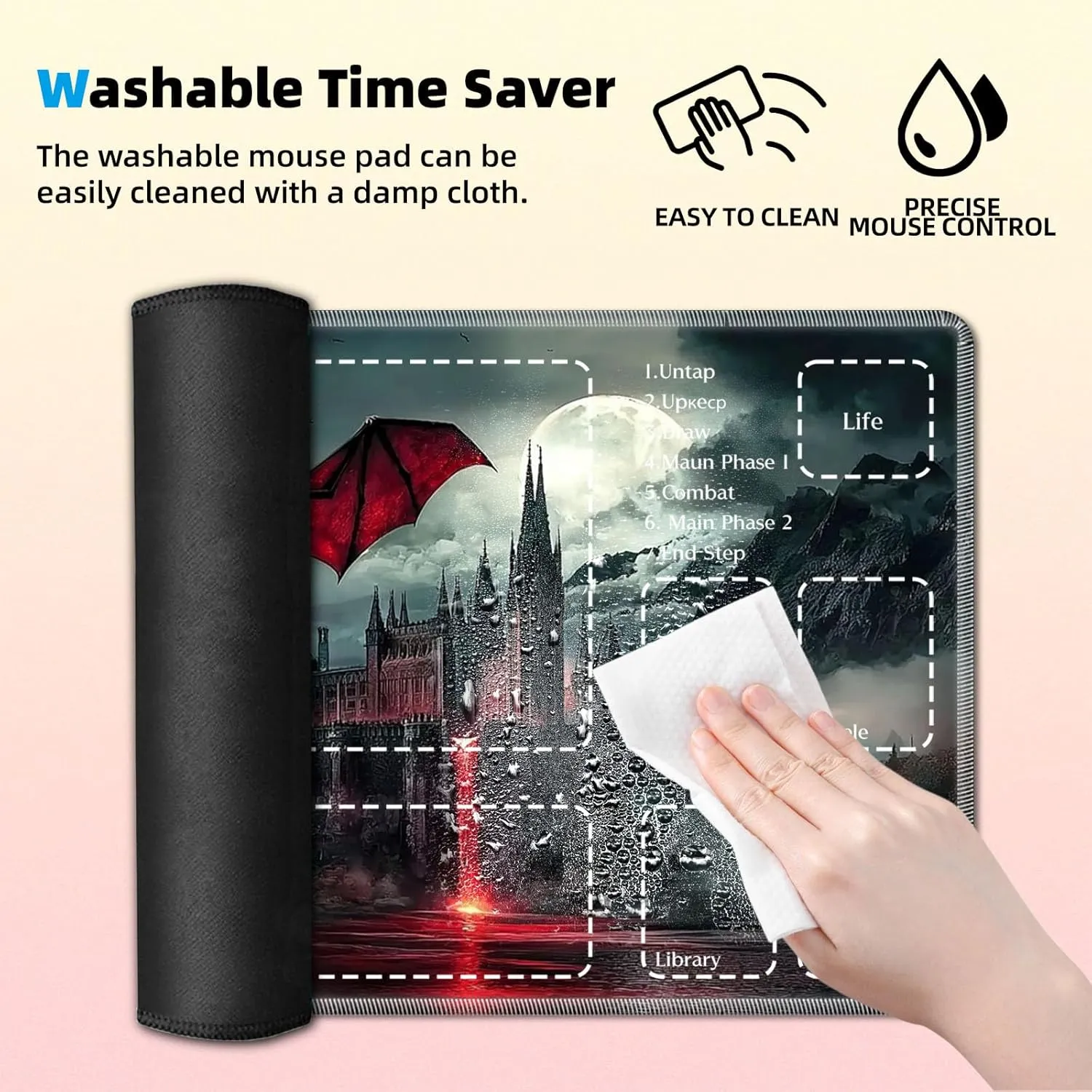 Premium TCG Playmat with 6 Gaming Zones | 24x14 Non-Slip Rubber Surface MTG Mat | Black Play Card Storage Pouch for CCG Playmat | Scary Castle and Bat