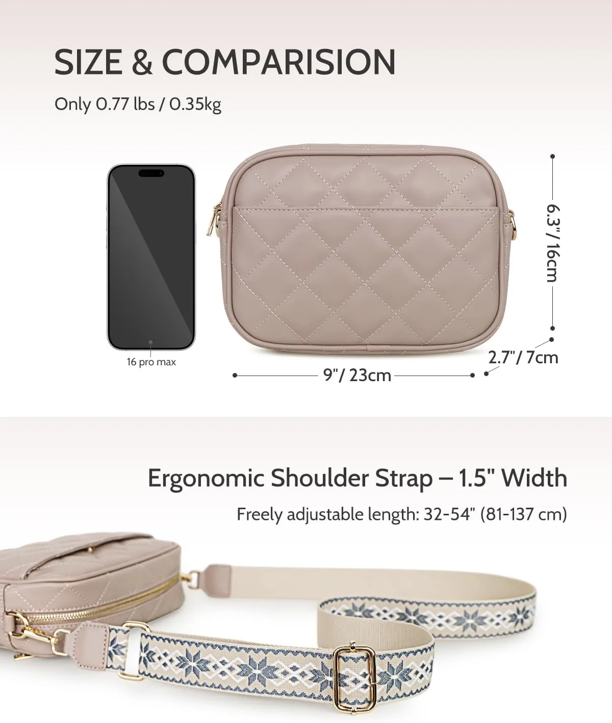 Prite Quilted Crossbody Bag for Women, Vegan Leather Handbag with Shoulder Strap, Small Purse with Card Slots
