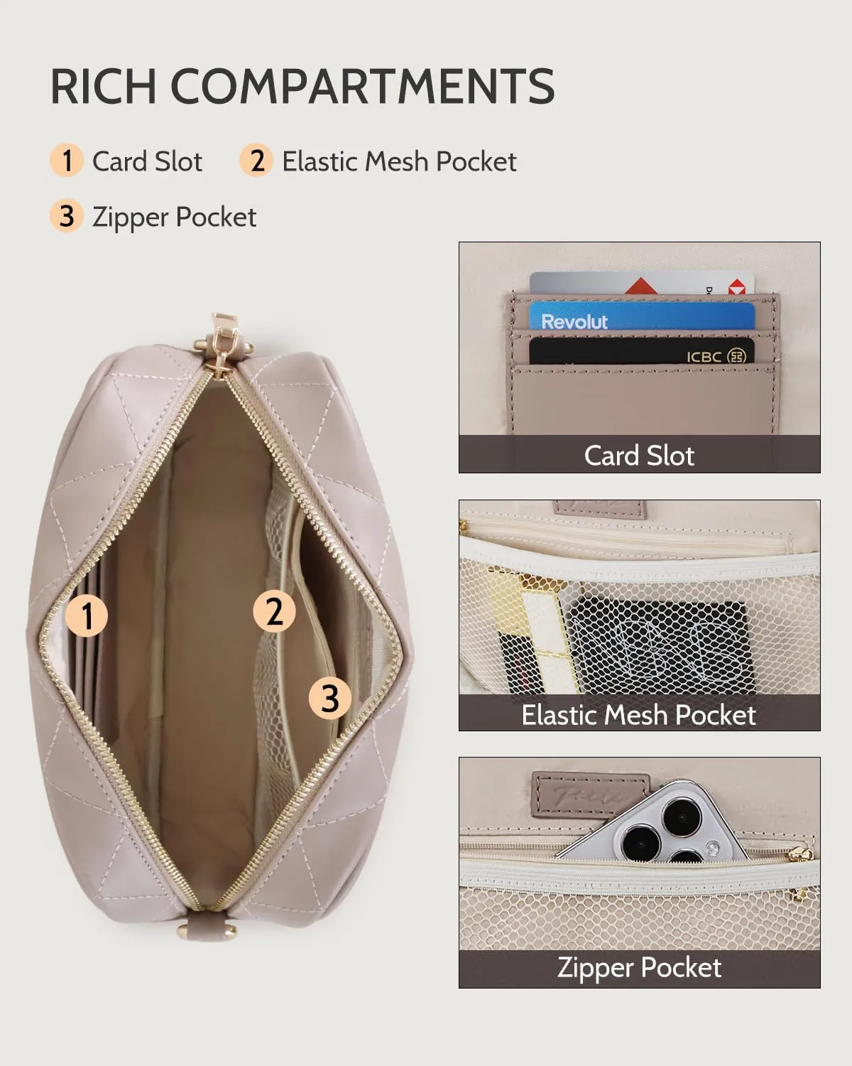 Prite Quilted Crossbody Bag for Women, Vegan Leather Handbag with Shoulder Strap, Small Purse with Card Slots