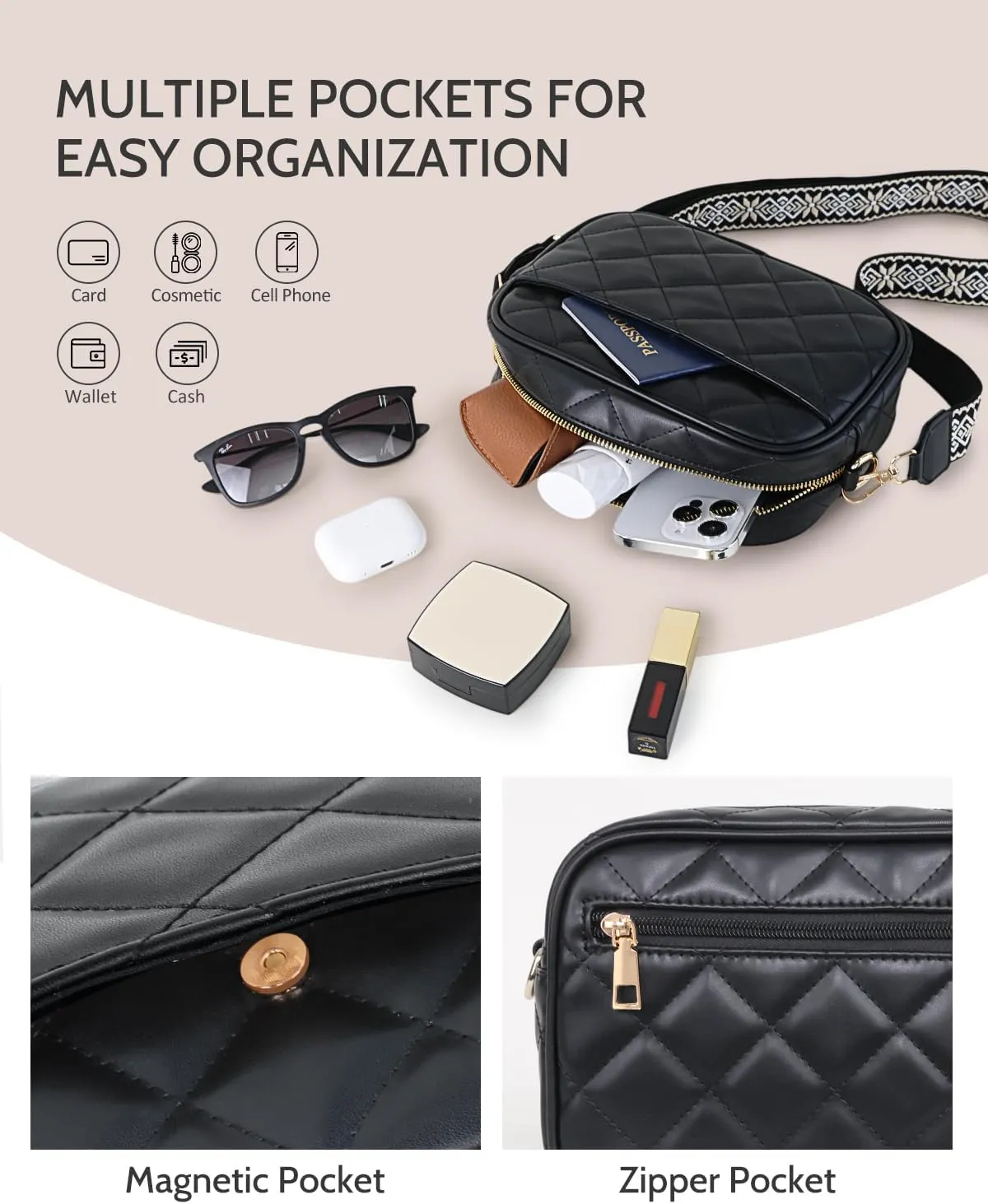 Prite Quilted Crossbody Bag for Women, Vegan Leather Handbag with Shoulder Strap, Small Purse with Card Slots