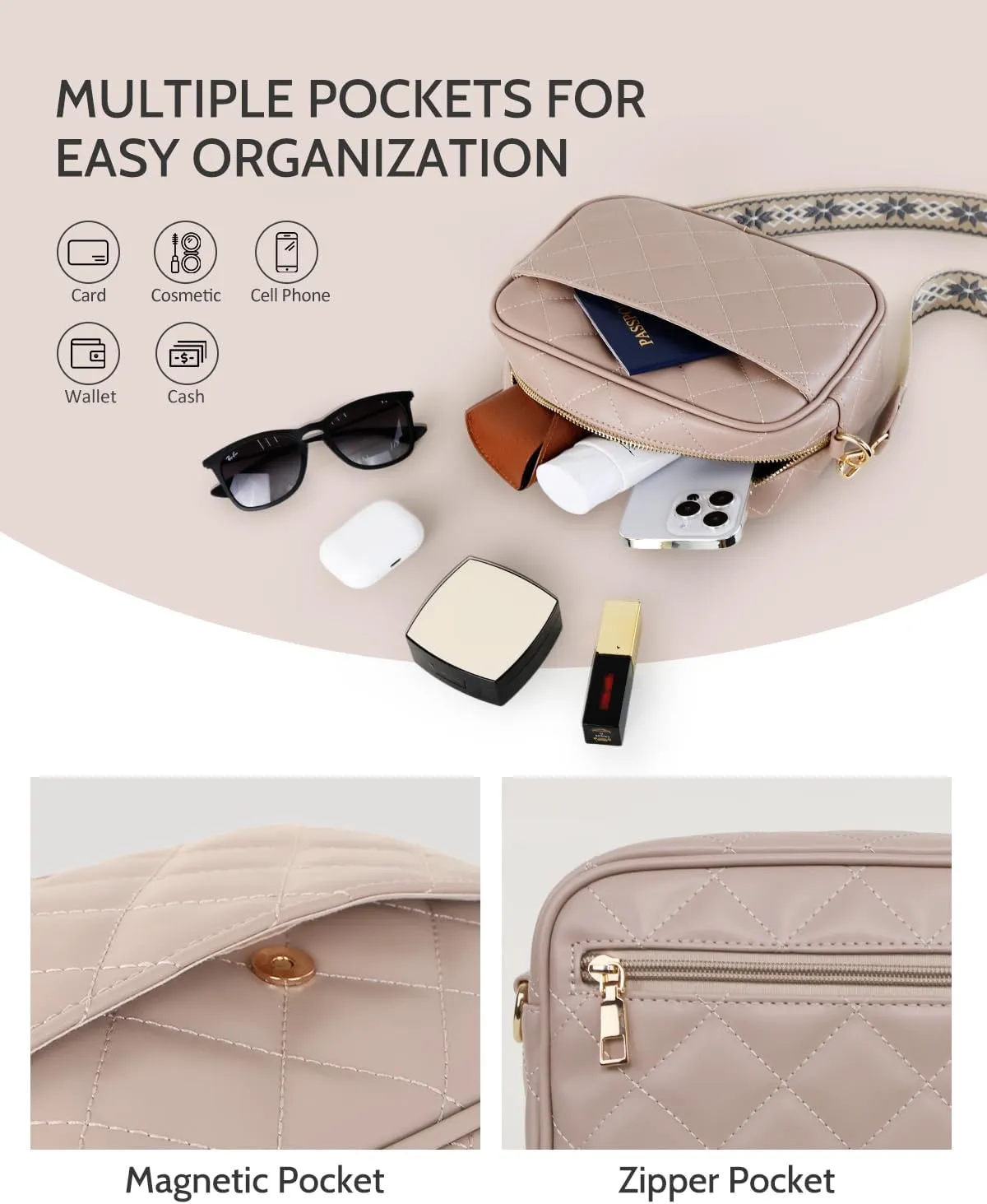 Prite Quilted Crossbody Bag for Women, Vegan Leather Handbag with Shoulder Strap, Small Purse with Card Slots
