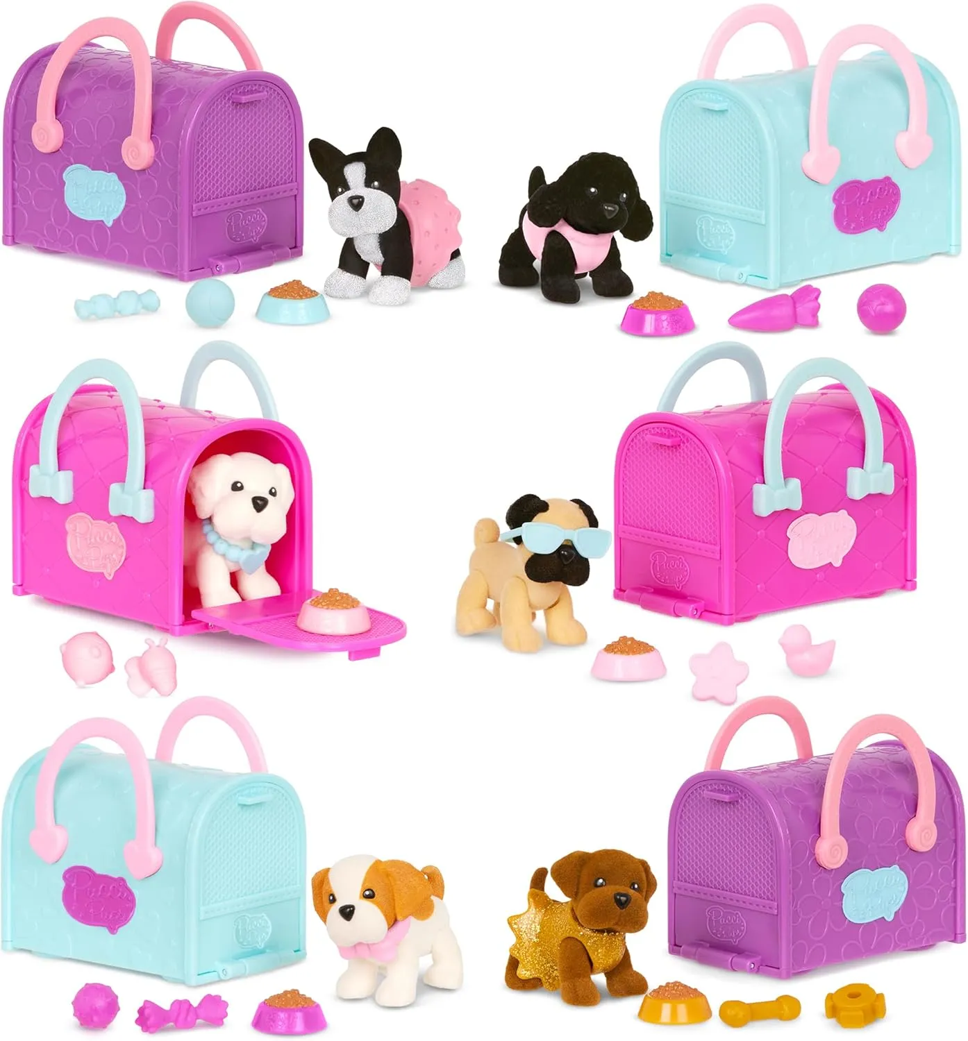 Pucci Pups - Collectible Puppy Set – 6 Toy Dogs Including Poodle – Carrier Purse – Food Bowls & Accessories – Toys for Kids 3 