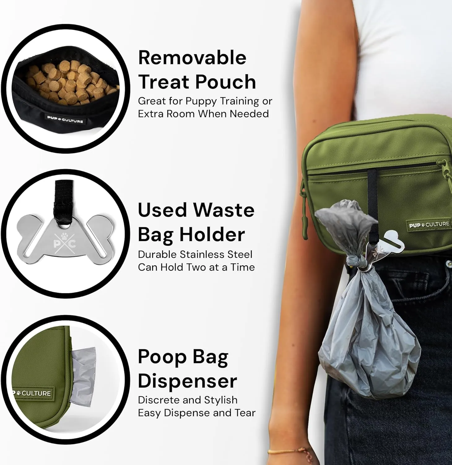 Pup Culture Cross Body Dog Training Treat Pouch | Removable for Anytime Puppy Training | Built-in Poop Bag Dispenser & Used Bag Holder | Stylish Green