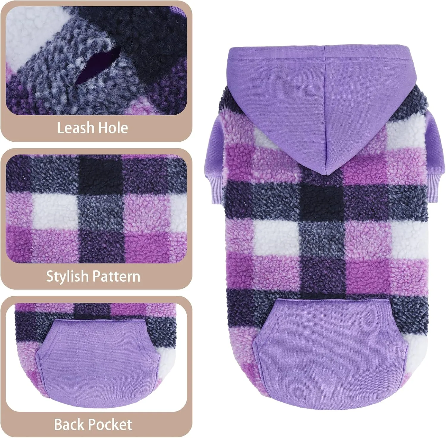 PUPTECK Dog Hoodie Puppy Sweatshirt Warm Dog Sweater Winter Clothes Cold Weather Coats for Small Medium Large Dogs, Purple, M