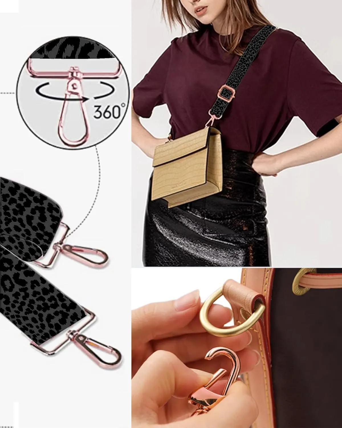 Purse Straps Rose Gold Buckles Wide Shoulder Strap,Fashion Adjustable Replacement Belt for Crossbody Canvas Bag Handbag(Black Leopard Skin)