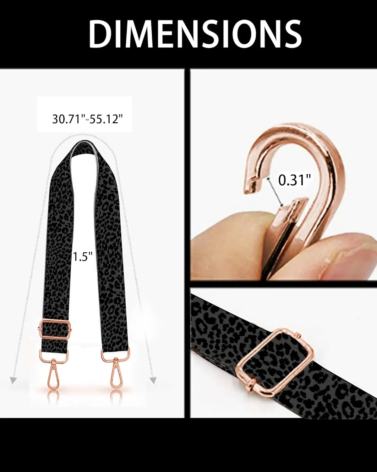 Purse Straps Rose Gold Buckles Wide Shoulder Strap,Fashion Adjustable Replacement Belt for Crossbody Canvas Bag Handbag(Black Leopard Skin)