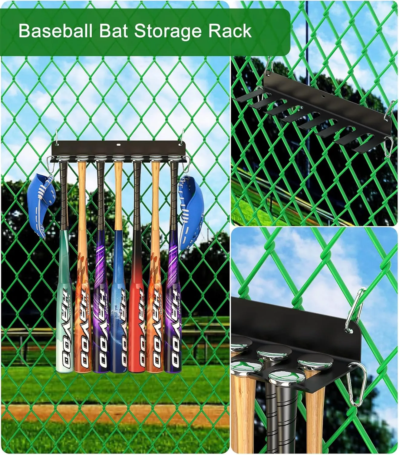 QBA 2 Pack Baseball Bat Rack, Baseball Bat Holder Wall Mount, Holds 14 Bats, Bat Organizer for Dugout Fence Home Garage, Black