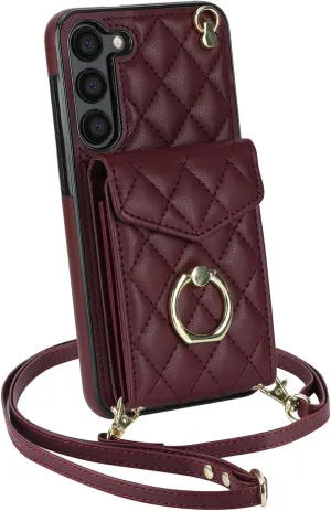 QLTYPRI Crossbody Wallet Case for Samsung Galaxy S23, PU Leather Phone Case with RFID Blocking Card Slots Holder Ring Kickstand Wrist Strap Lanyard Handbag Purse Cover for Samsung S23 – Wine Red