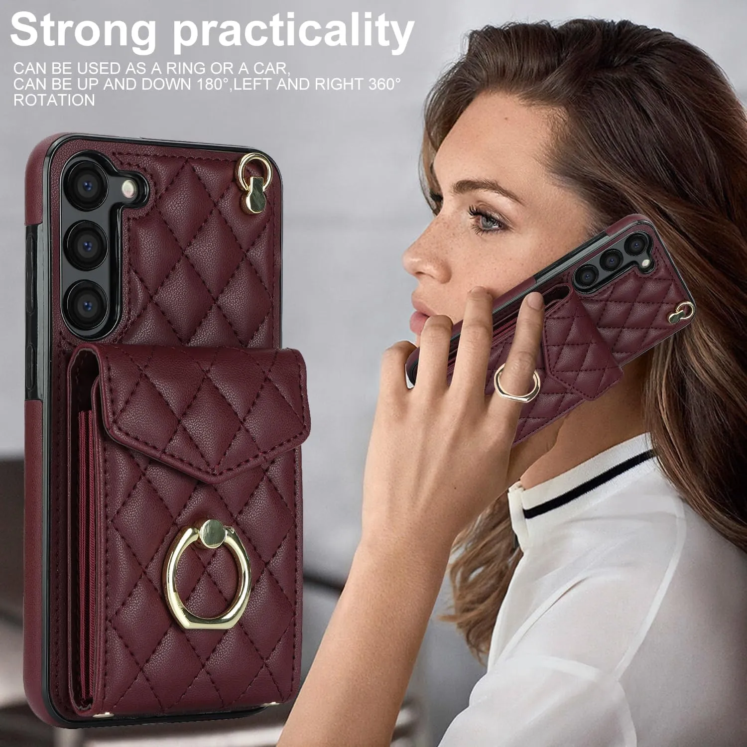 QLTYPRI Crossbody Wallet Case for Samsung Galaxy S23, PU Leather Phone Case with RFID Blocking Card Slots Holder Ring Kickstand Wrist Strap Lanyard Handbag Purse Cover for Samsung S23 – Wine Red