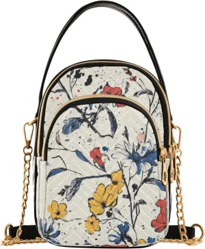 Quilted Crossbody Bags for Women,Ink Yellow Blue Red Flower03 Women's Crossbody Handbags Small Travel Purses Phone Bag