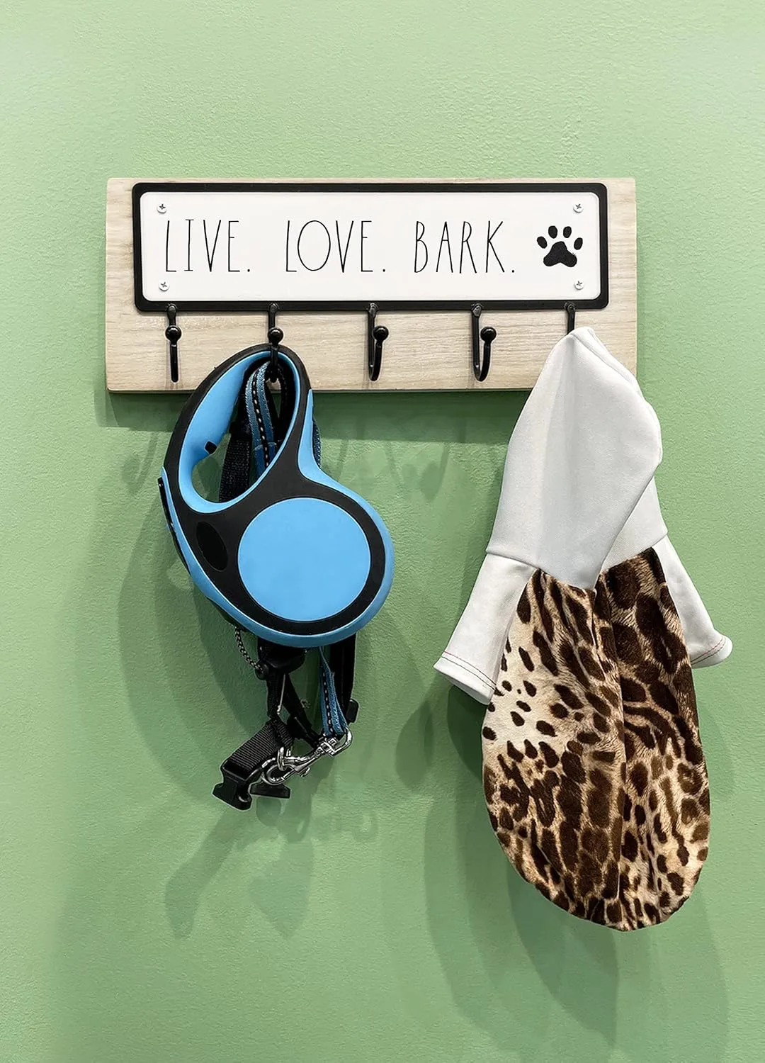 Rae Dunn Dog Leash Holder for Wall - Cute Dog Leash Hook Holder and Wall Mount Hanger Organizer for Pet Items, Keys, Collar and Leashes - Pet Themed Messages with Paw Print - Light Wood