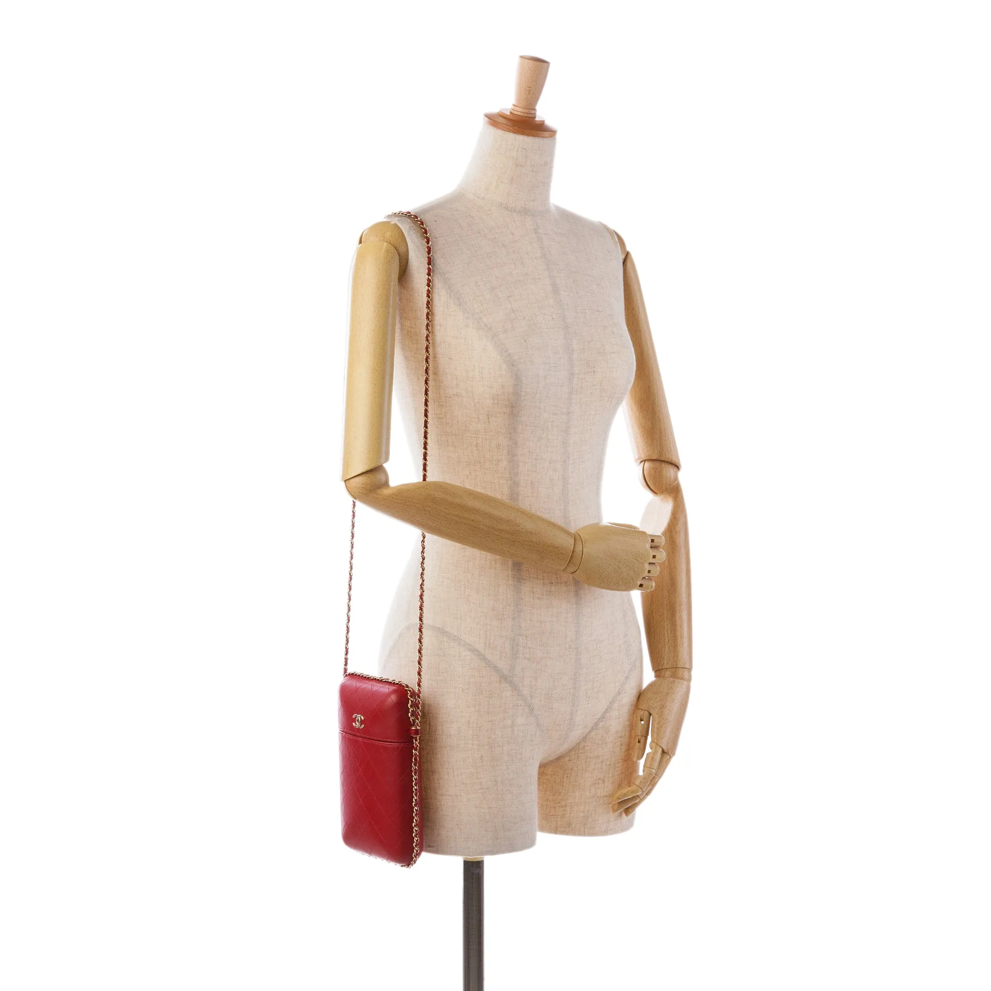 Red Chanel CC Quilted Lambskin Chain Around Phone Holder Crossbody Bag