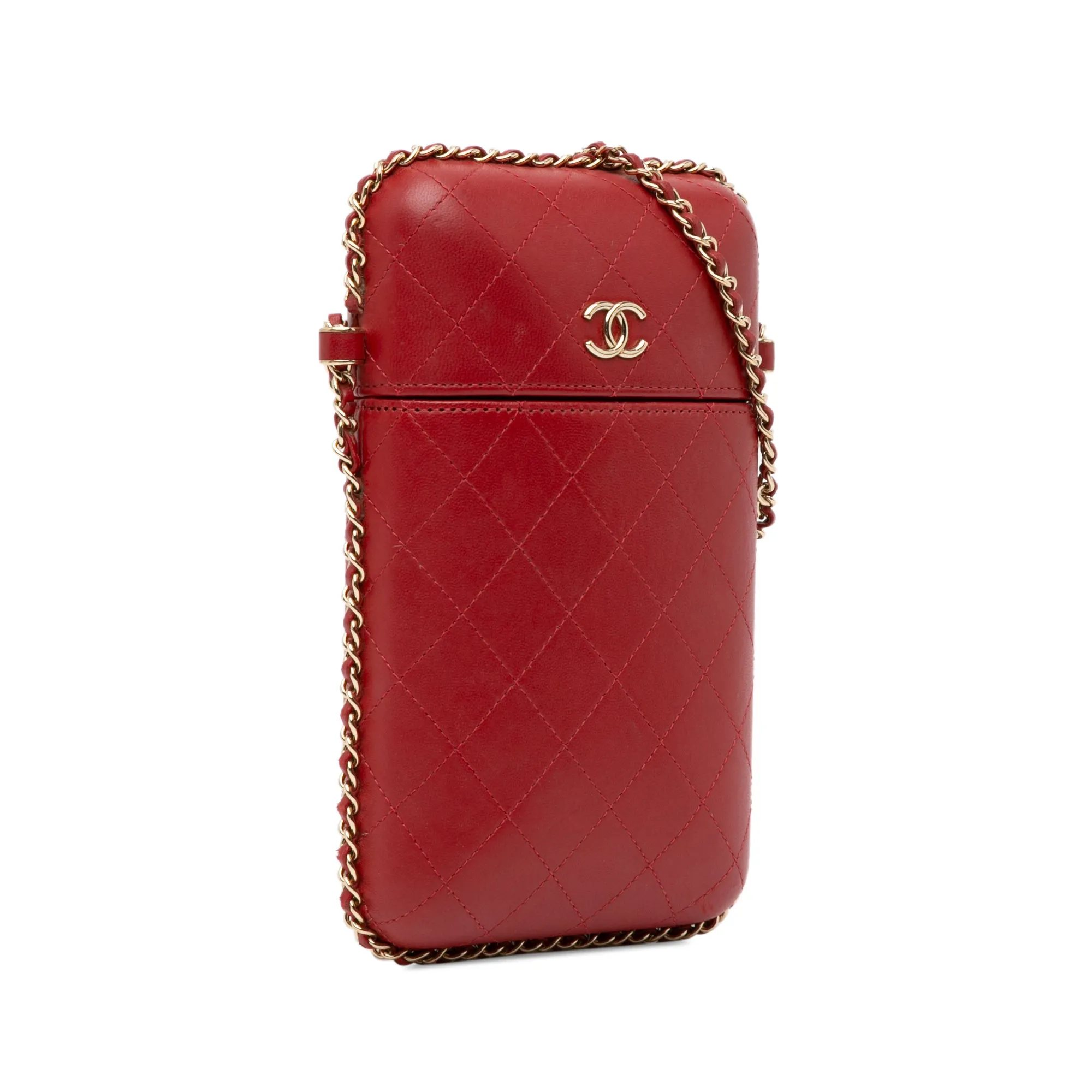 Red Chanel CC Quilted Lambskin Chain Around Phone Holder Crossbody Bag