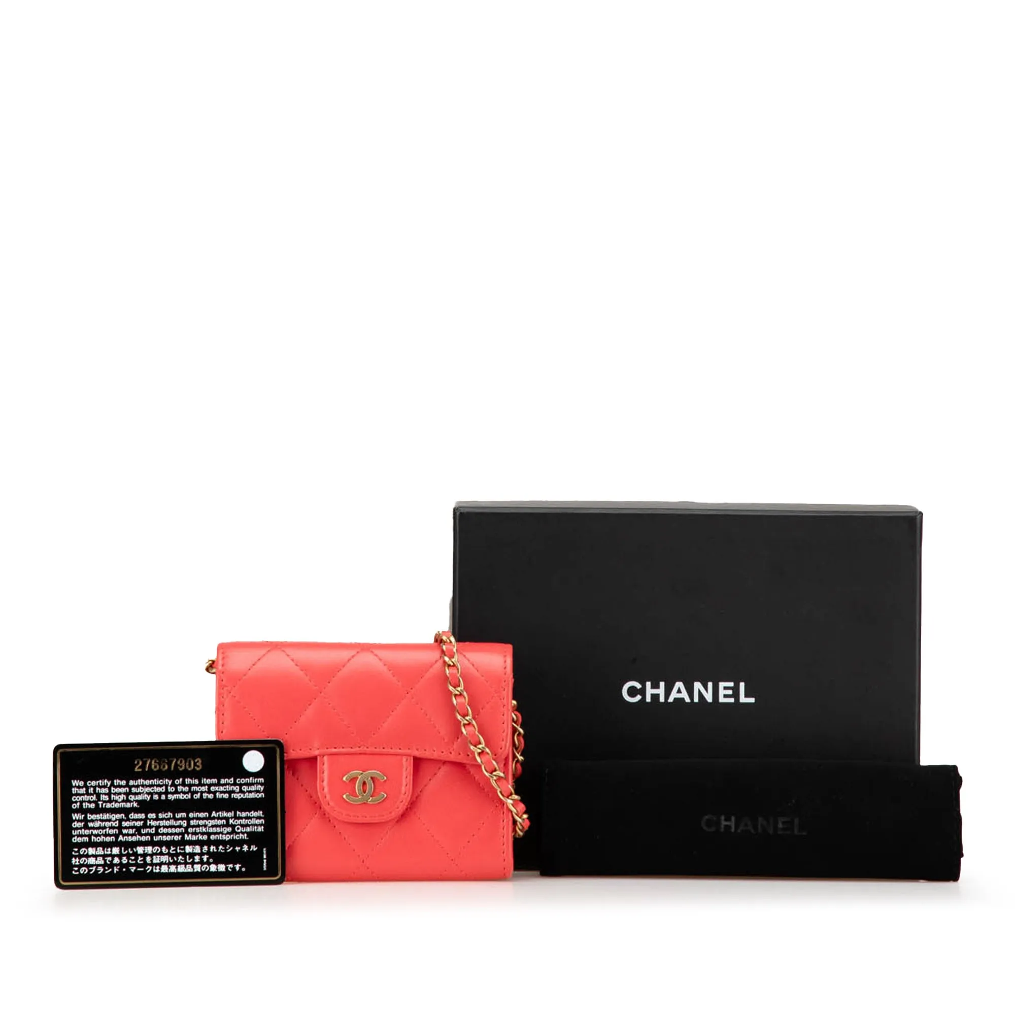 Red Chanel Quilted Lambskin Flap Card Holder on Chain Crossbody Bag