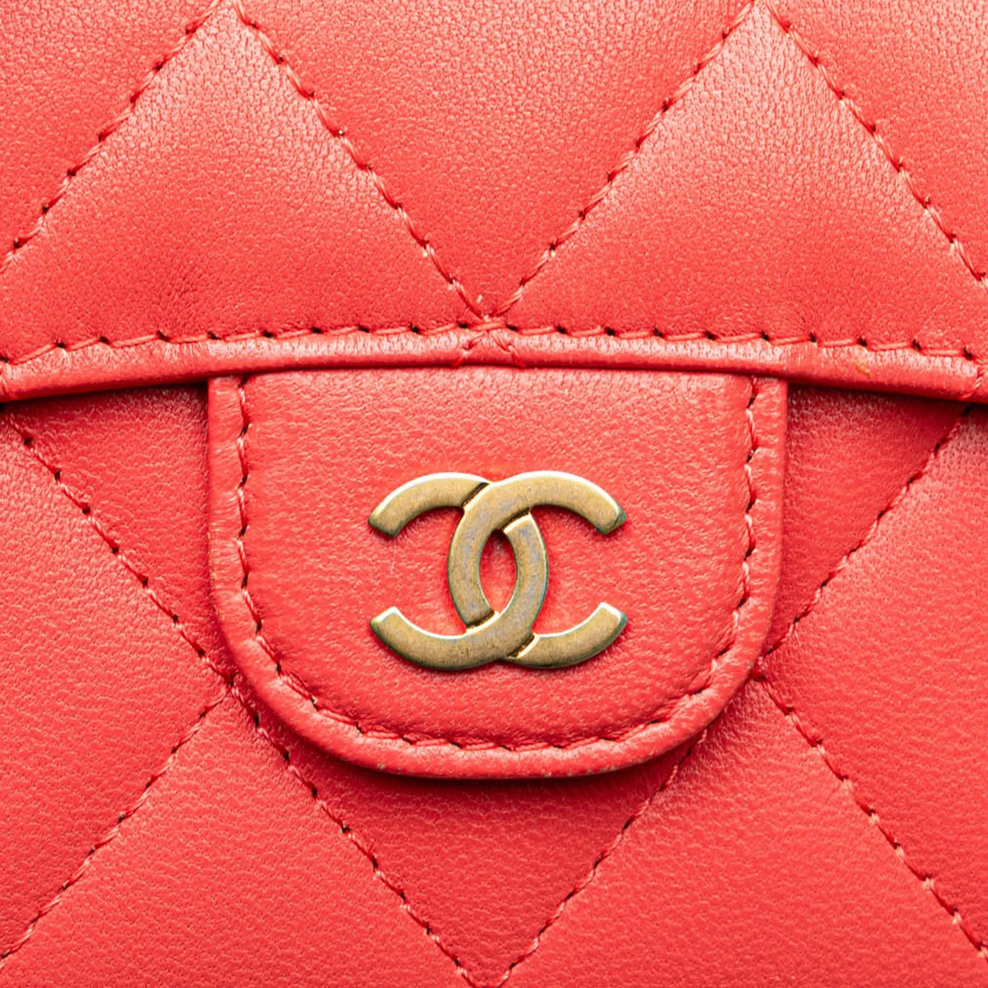 Red Chanel Quilted Lambskin Flap Card Holder on Chain Crossbody Bag