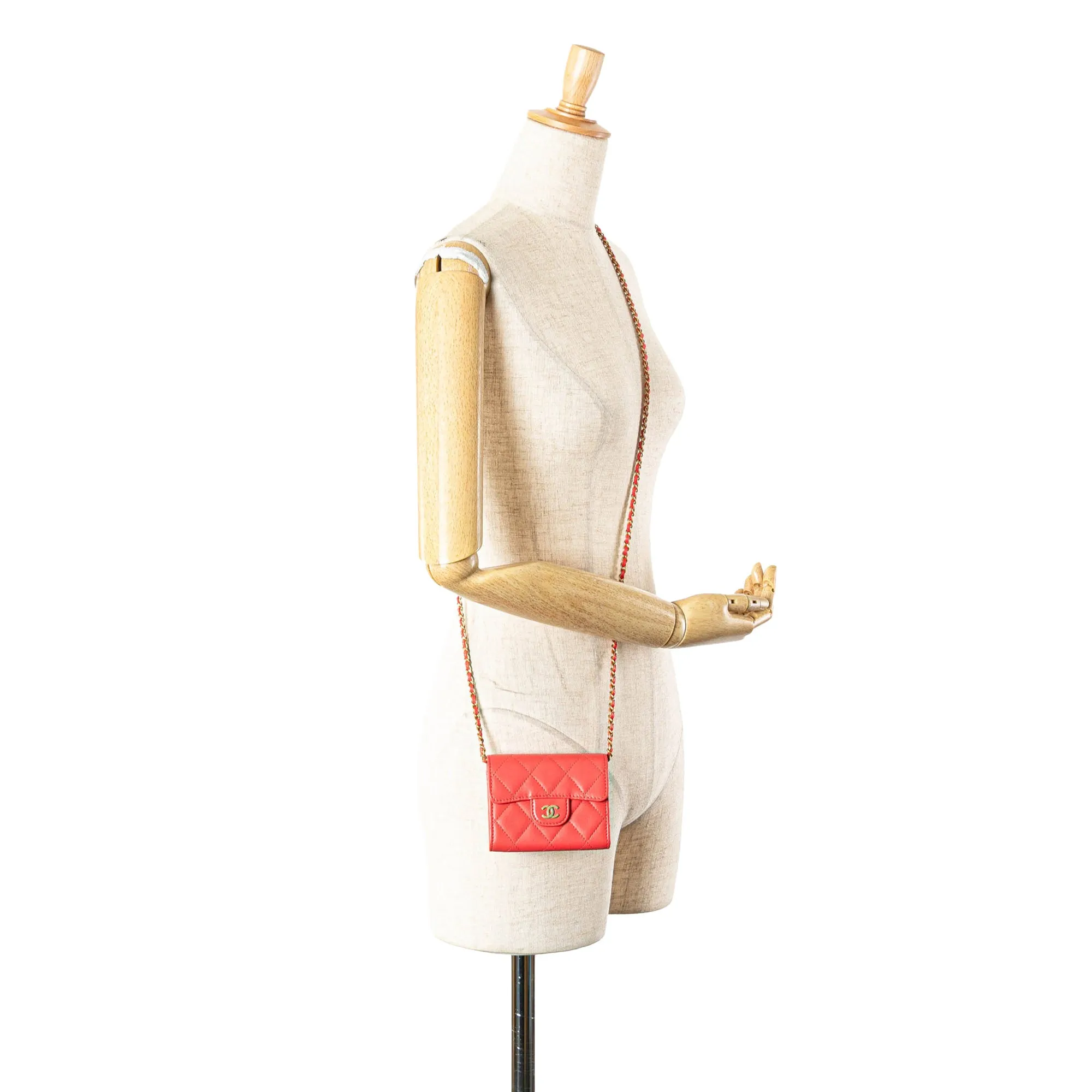 Red Chanel Quilted Lambskin Flap Card Holder on Chain Crossbody Bag