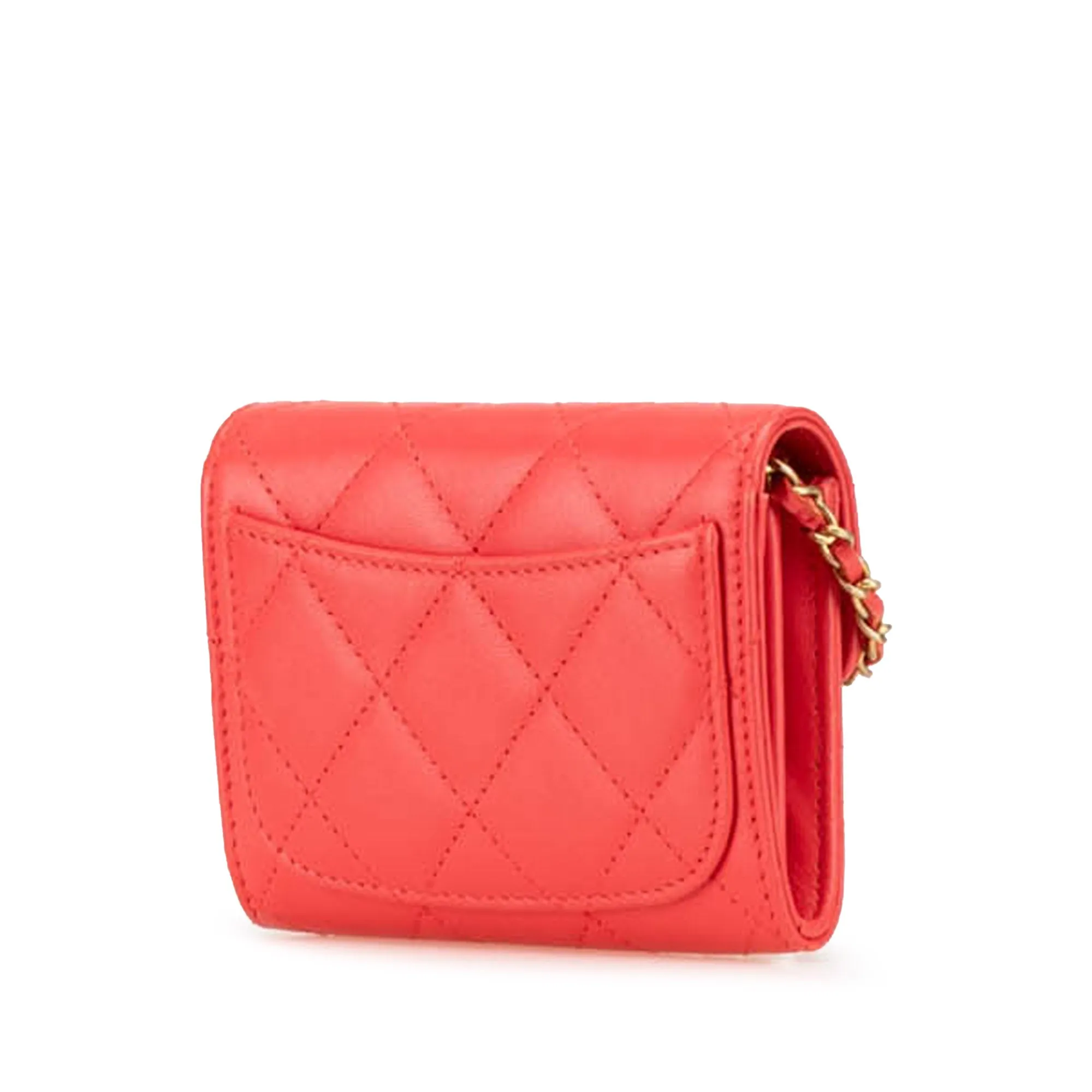 Red Chanel Quilted Lambskin Flap Card Holder on Chain Crossbody Bag