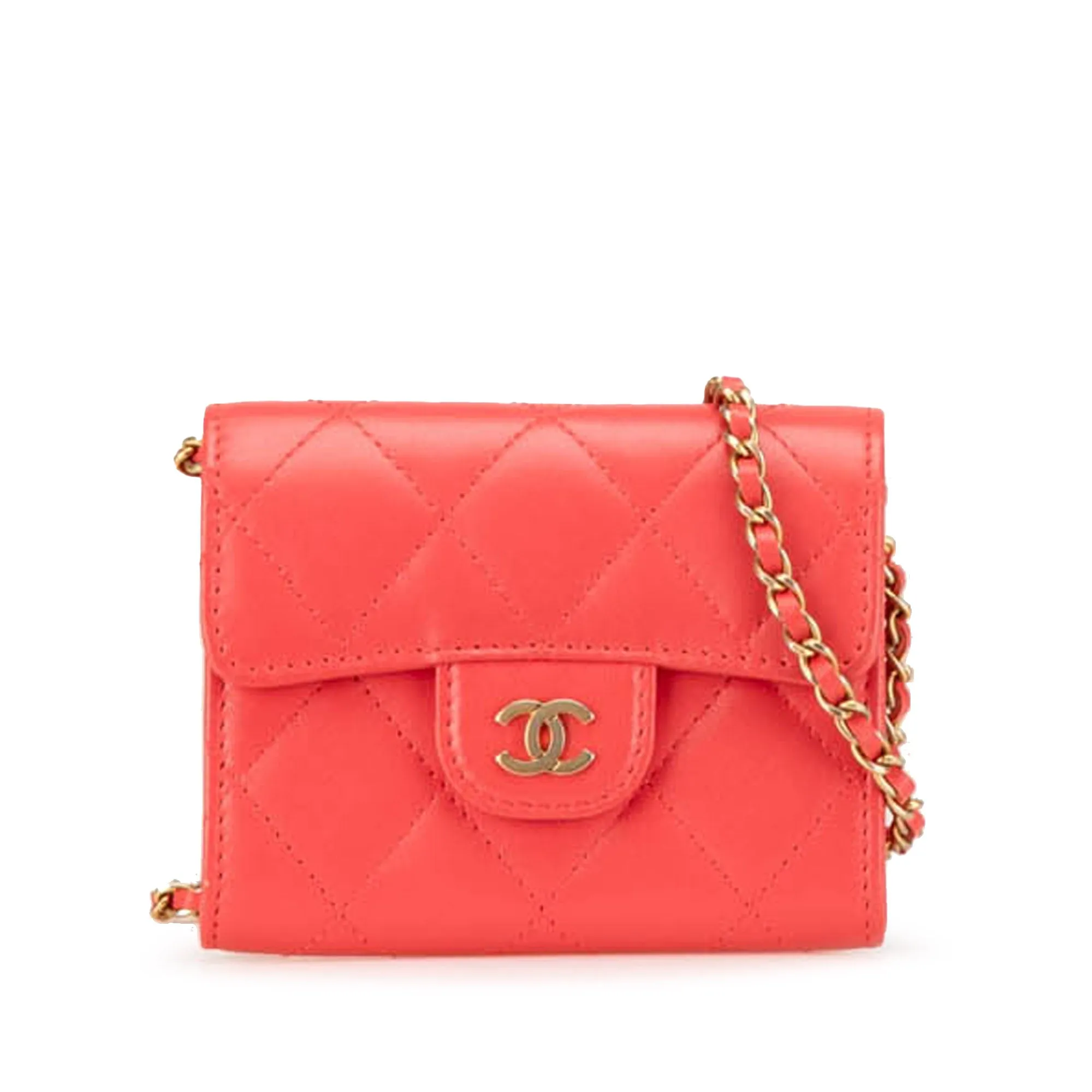 Red Chanel Quilted Lambskin Flap Card Holder on Chain Crossbody Bag
