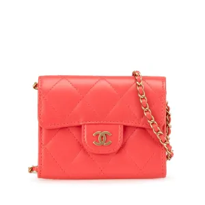 Red Chanel Quilted Lambskin Flap Card Holder on Chain Crossbody Bag