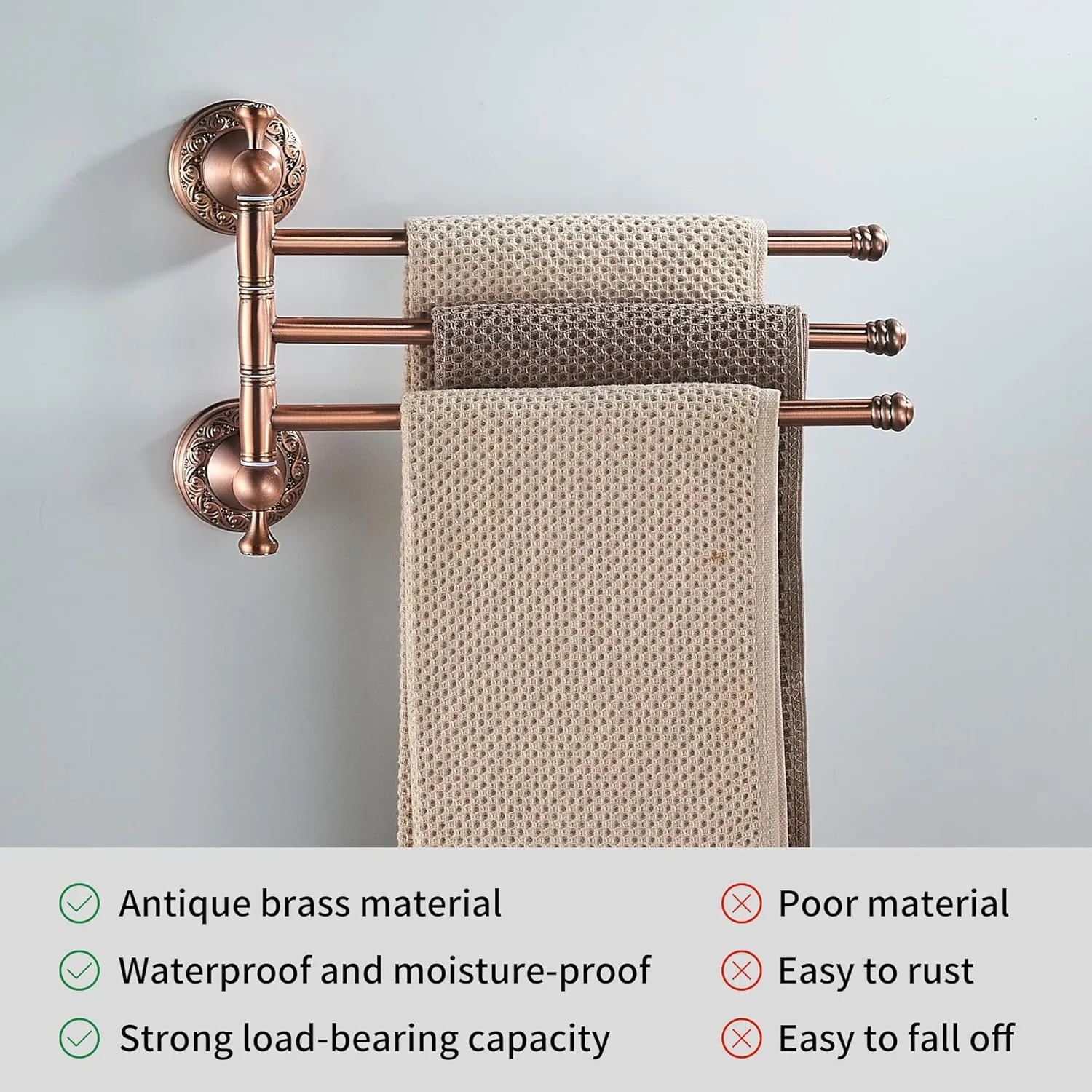 Red Copper Bath Folding Towel Holder, Wall Mounted Towel Rack Bathroom Hardware Accessories, Pattern Carving Design
