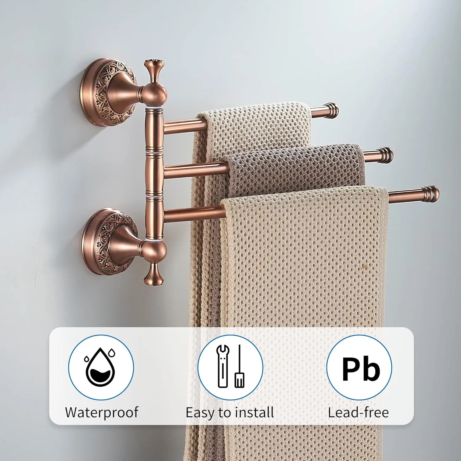 Red Copper Bath Folding Towel Holder, Wall Mounted Towel Rack Bathroom Hardware Accessories, Pattern Carving Design