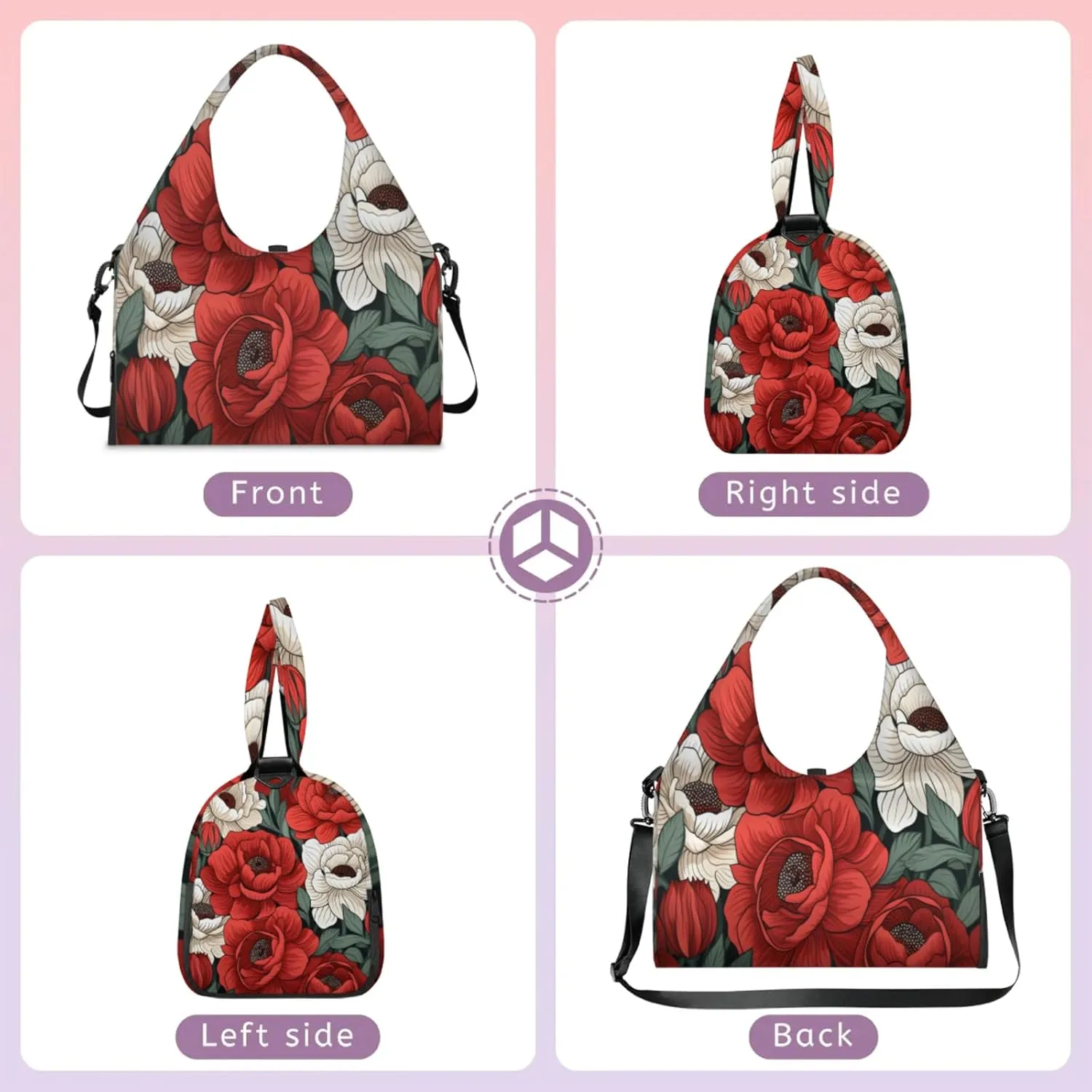 Red White Flower Charm Waterproof Gym Bag for Men Women, Sports Duffel Bag with Shoe Compartment Yoga Mat Holder, Portable Large Travel Bag for Fitness, Camping, Weekend Trips