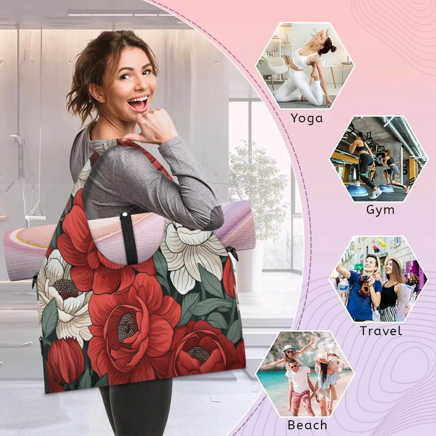Red White Flower Charm Waterproof Gym Bag for Men Women, Sports Duffel Bag with Shoe Compartment Yoga Mat Holder, Portable Large Travel Bag for Fitness, Camping, Weekend Trips