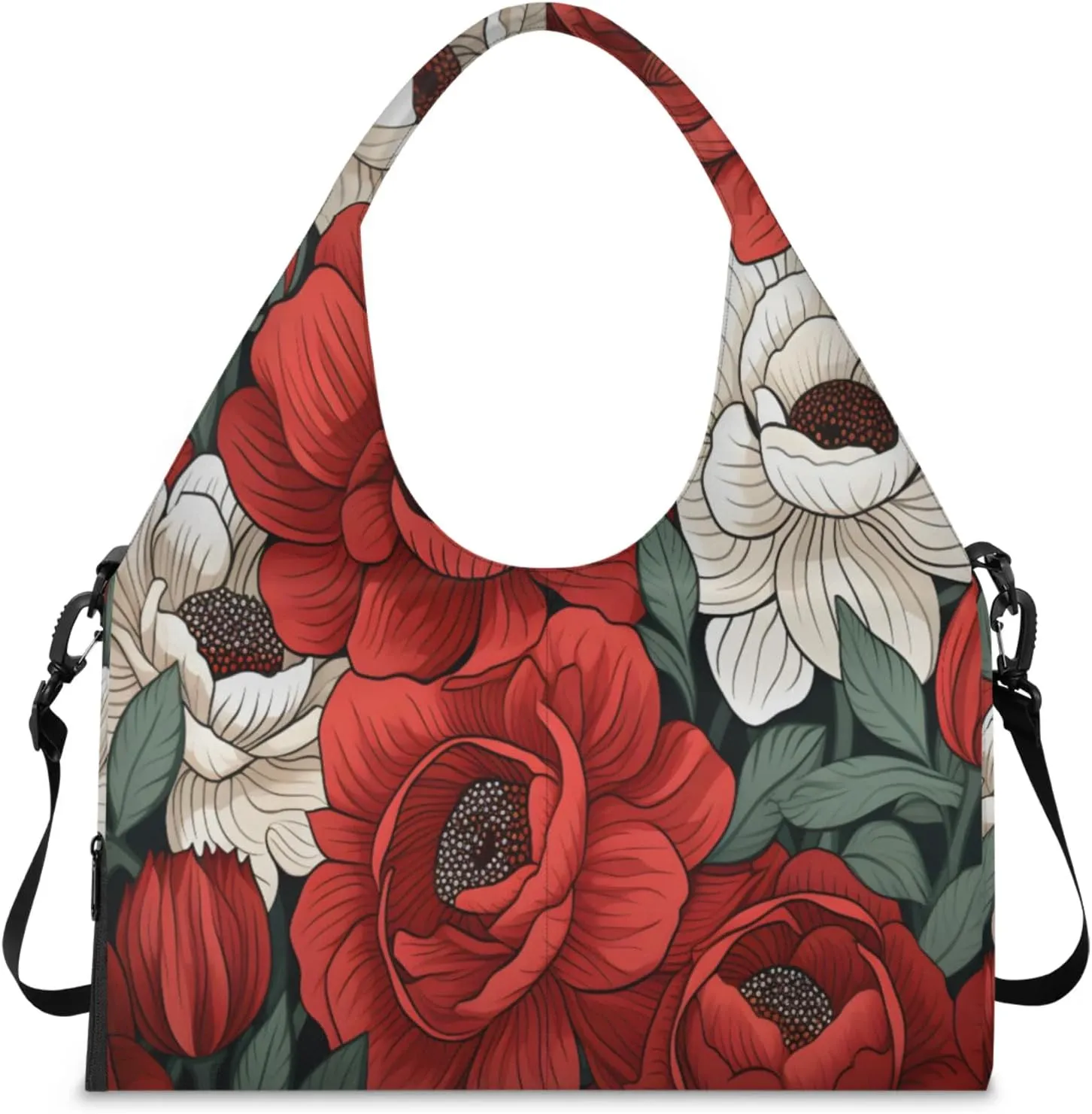 Red White Flower Charm Waterproof Gym Bag for Men Women, Sports Duffel Bag with Shoe Compartment Yoga Mat Holder, Portable Large Travel Bag for Fitness, Camping, Weekend Trips