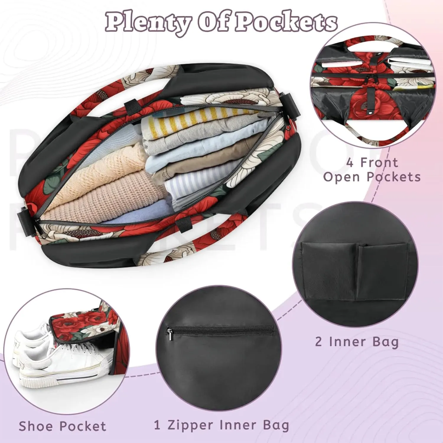 Red White Flower Charm Waterproof Gym Bag for Men Women, Sports Duffel Bag with Shoe Compartment Yoga Mat Holder, Portable Large Travel Bag for Fitness, Camping, Weekend Trips