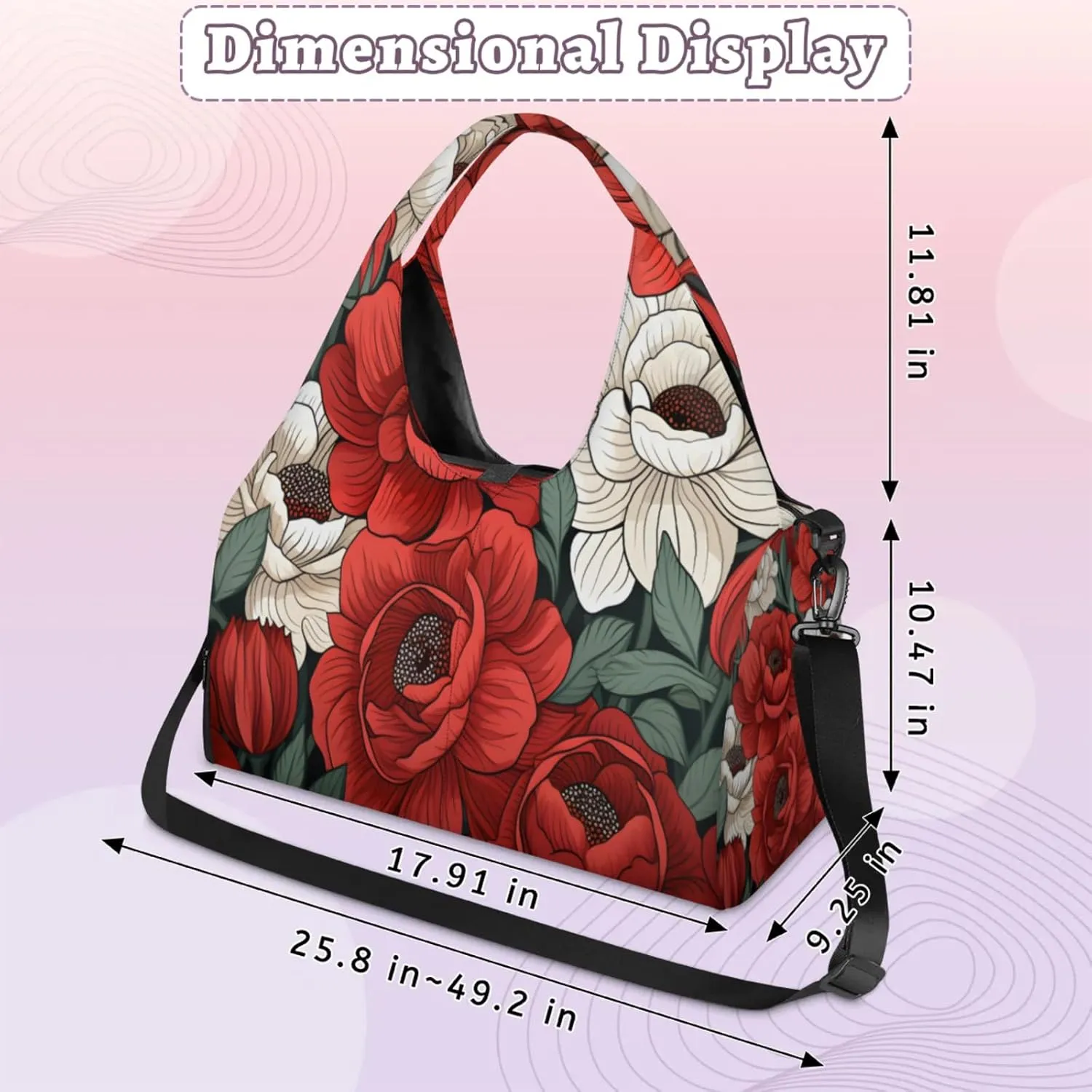 Red White Flower Charm Waterproof Gym Bag for Men Women, Sports Duffel Bag with Shoe Compartment Yoga Mat Holder, Portable Large Travel Bag for Fitness, Camping, Weekend Trips