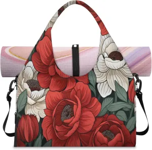 Red White Flower Charm Waterproof Gym Bag for Men Women, Sports Duffel Bag with Shoe Compartment Yoga Mat Holder, Portable Large Travel Bag for Fitness, Camping, Weekend Trips