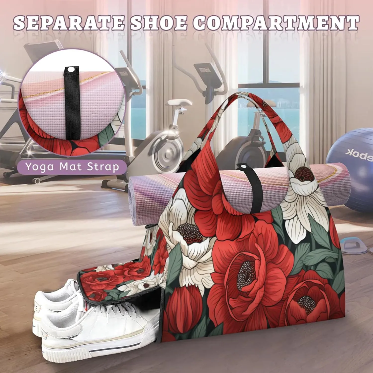 Red White Flower Charm Waterproof Gym Bag for Men Women, Sports Duffel Bag with Shoe Compartment Yoga Mat Holder, Portable Large Travel Bag for Fitness, Camping, Weekend Trips