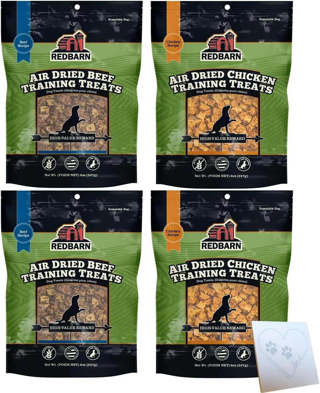 Redbarn-All-Natural Air-Dried Training Treats for Puppies and Dogs - Delicious Beef & Chicken Flavors - Grain-Free Single Protein Rewards for Small, Medium, & Large Breeds (8oz Each, 4 Bags Total)