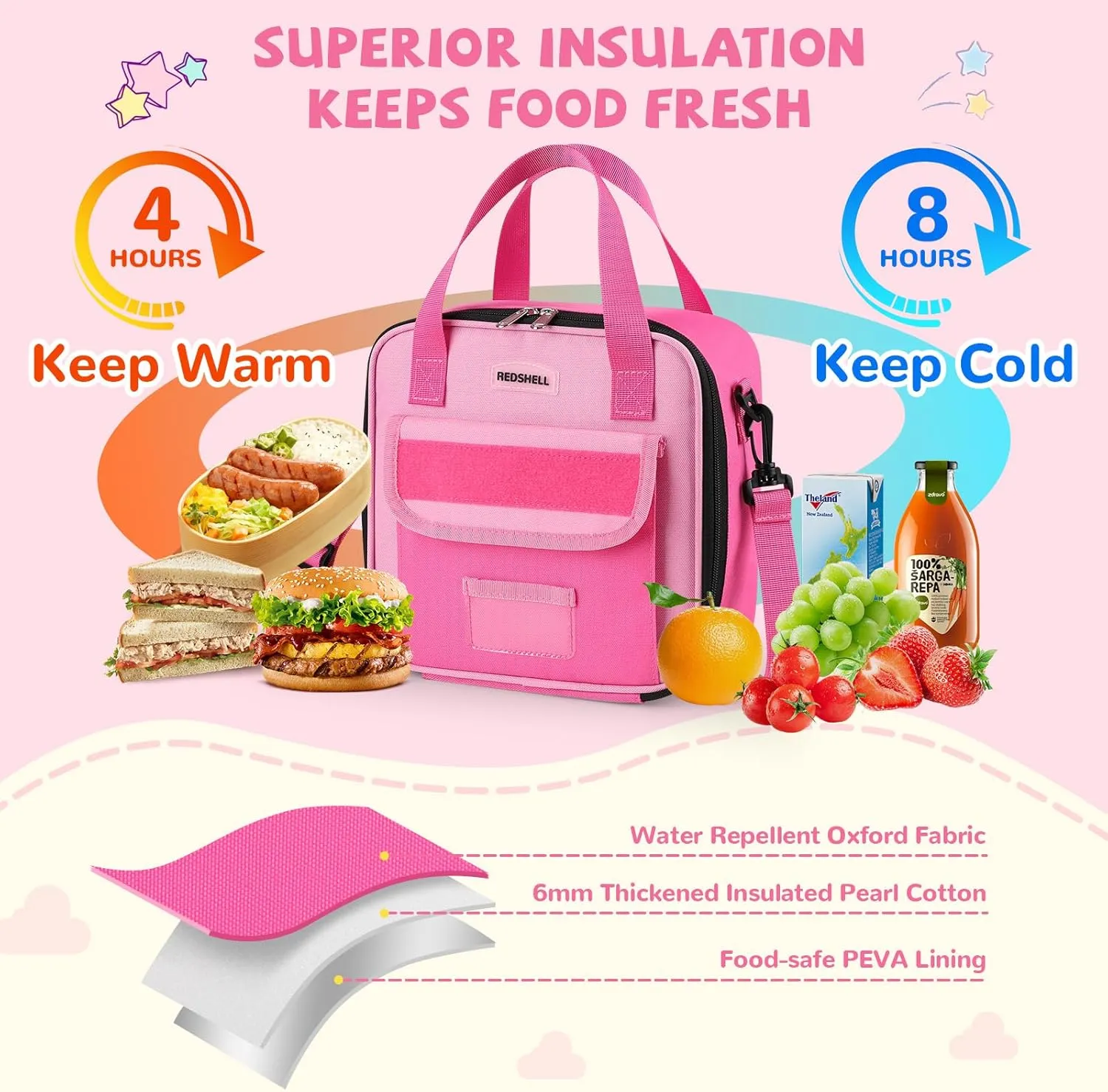 REDSHELL Tactical Lunch Box Kids, Large Insulated Lunch Bag for Girls, Cooler Lunchbag, Square Toddler Lunchbox, School Daycare Lunch Tote Pail with Water Bottle Holder Shoulder Strap, Rose Red
