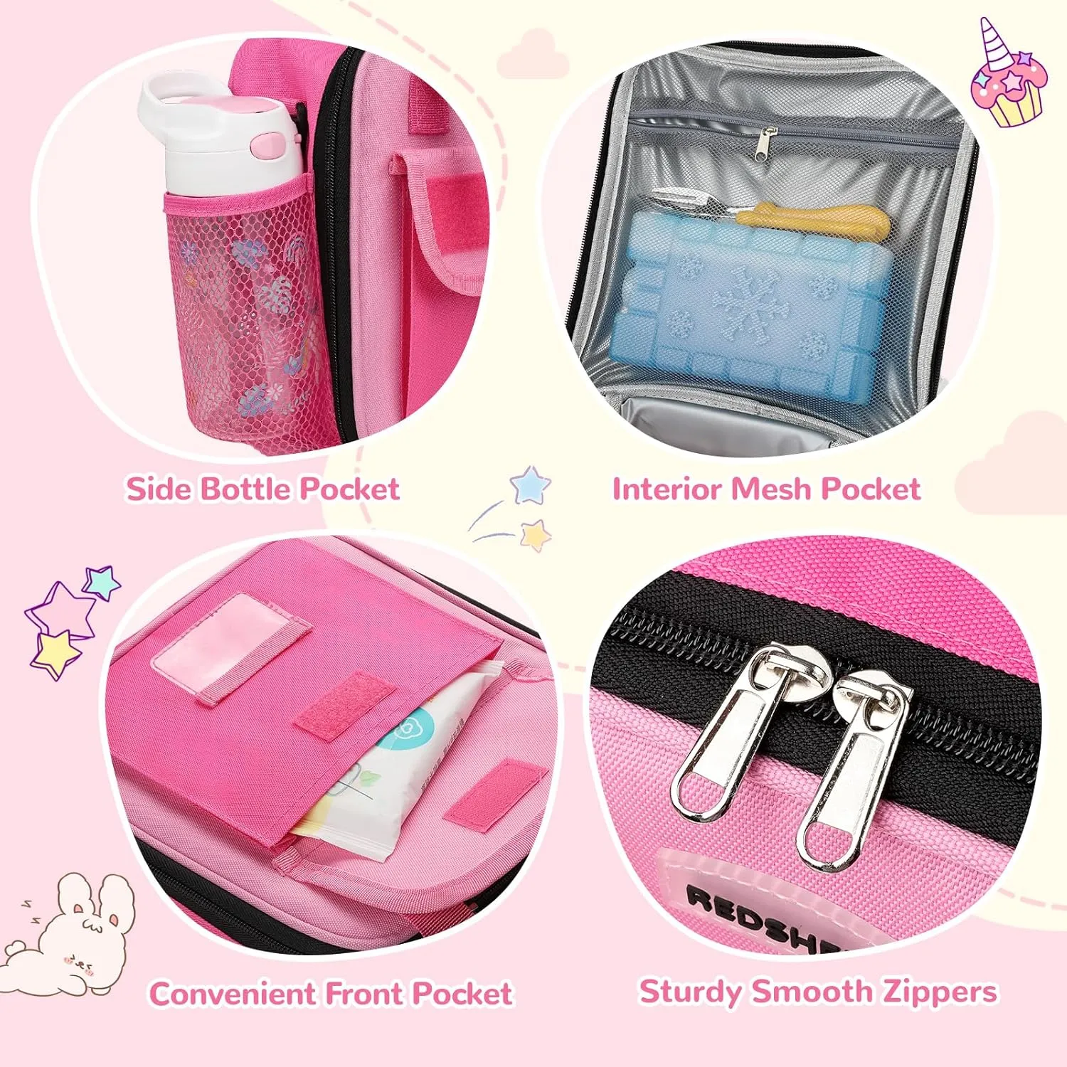 REDSHELL Tactical Lunch Box Kids, Large Insulated Lunch Bag for Girls, Cooler Lunchbag, Square Toddler Lunchbox, School Daycare Lunch Tote Pail with Water Bottle Holder Shoulder Strap, Rose Red