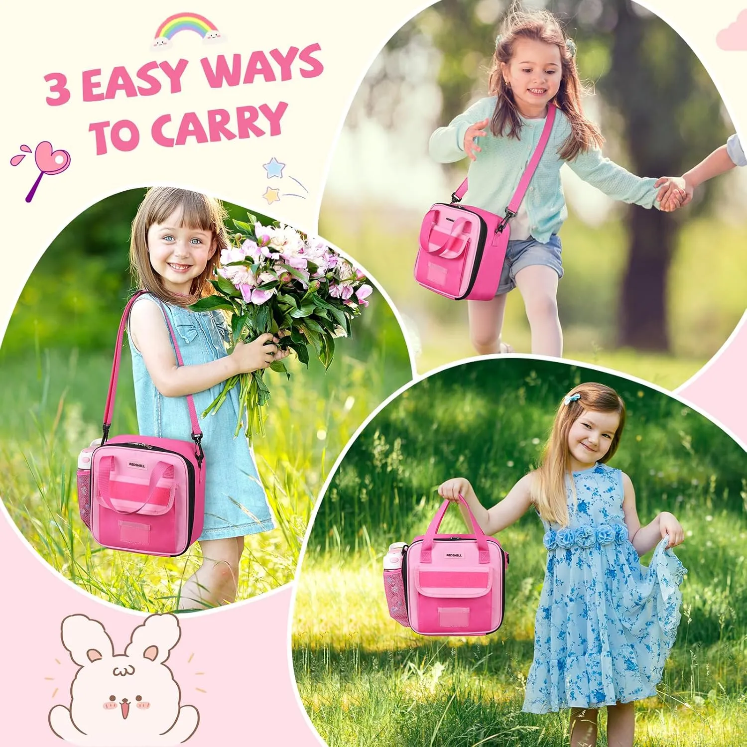 REDSHELL Tactical Lunch Box Kids, Large Insulated Lunch Bag for Girls, Cooler Lunchbag, Square Toddler Lunchbox, School Daycare Lunch Tote Pail with Water Bottle Holder Shoulder Strap, Rose Red