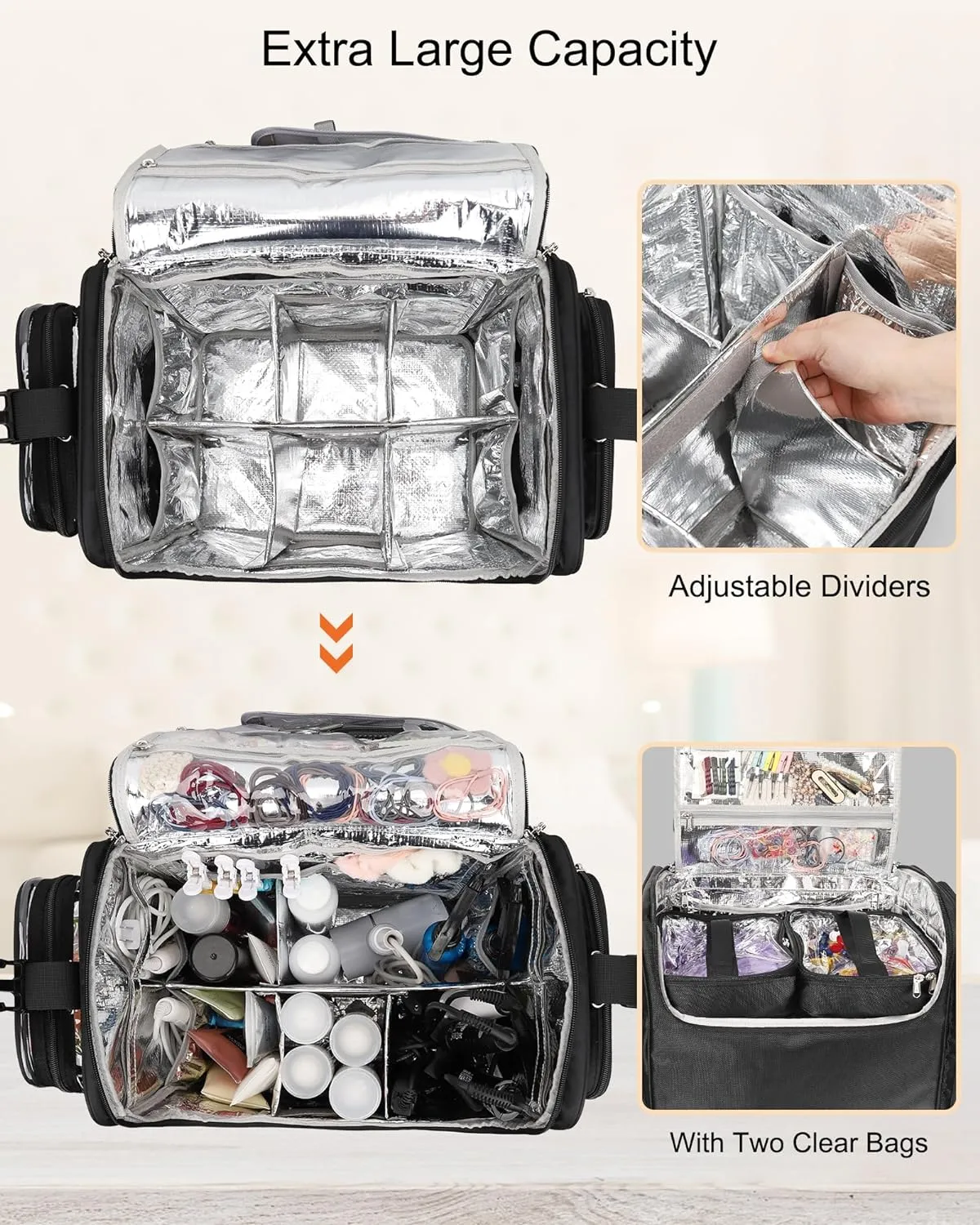 Relavel Rolling Makeup Train Case and Makeup Brush Case, Hairstylist Traveling Bag with 4 Wheels, Heat Insulation Full Layer, Adjustable Dividers, Hair Tools and Cosmetics Storage Organizer