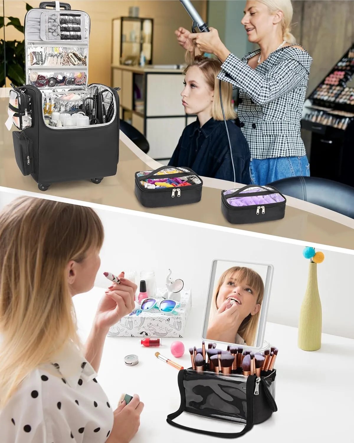 Relavel Rolling Makeup Train Case and Makeup Brush Case, Hairstylist Traveling Bag with 4 Wheels, Heat Insulation Full Layer, Adjustable Dividers, Hair Tools and Cosmetics Storage Organizer